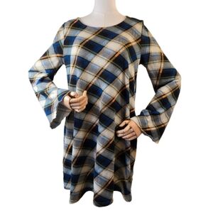Umgee Plaid Long Sleeve Dress Suede Elbow Patches Small